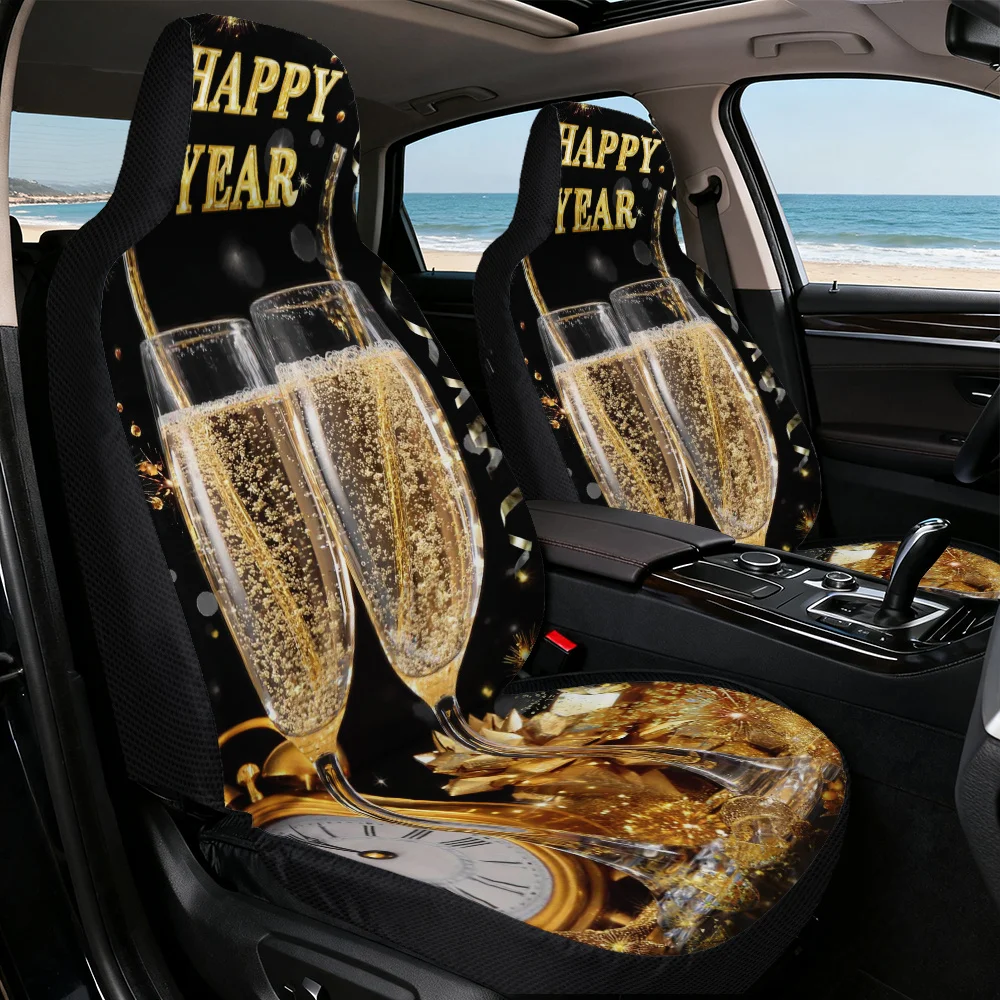 2D Flat Printing, 2pcs, Happy New Year Champagne Celebration Print Car Seat Covers Fit Front Seat Coverss With Durable Fabric Fo