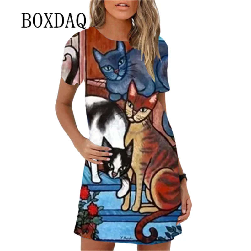 Painting Rainbow Cats Print Dress Women Party Elegant Harajuku Casual 3D Cartoon Dress Vestidos Girls Holiday Beach Dress Summer