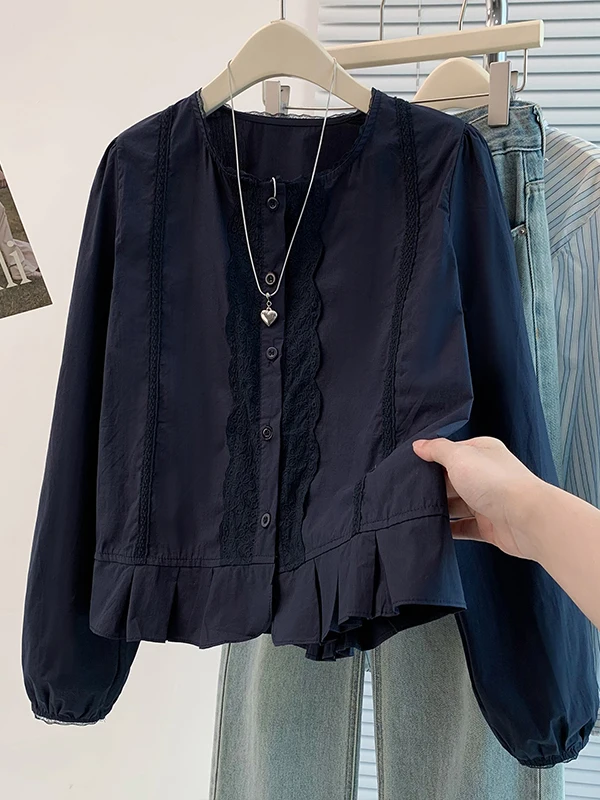 

Elegant Embroidered Lace Patchwork Design Shirt for Women Autumn 2025 Early Season High Fashion Straight Cut Long Sleeve roun...