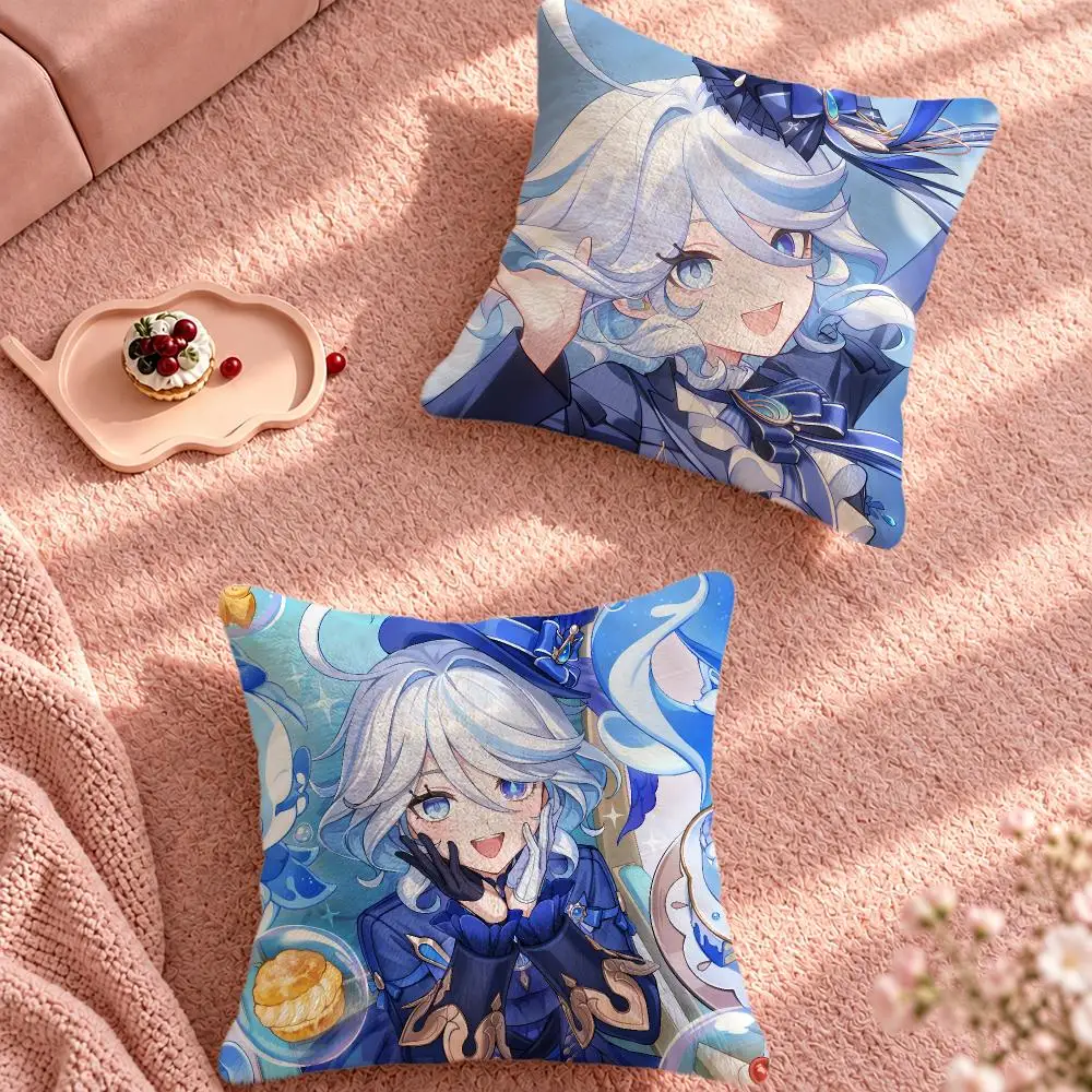 Game Genshin Impact Hydro Furina Cushion Cover Cute Cartoon Throw Pillow Cover Soft Plush Cushion Cover Sofa Bedroom Home Decor