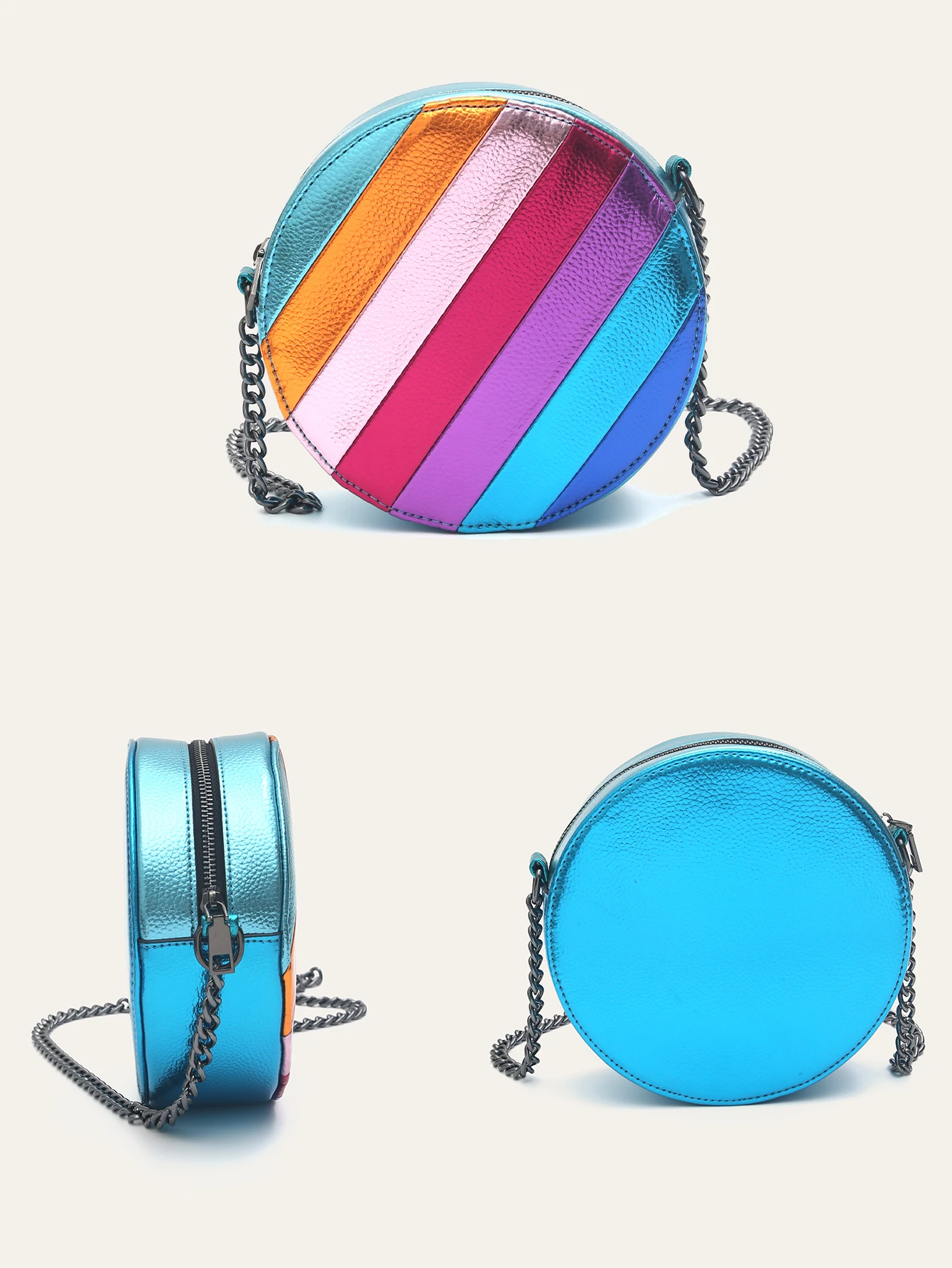 Fashion Chic Design Metallic PU Vegan Leather Women Funky Crossbody Bag Round Shaped Colorful Stripes Patchwork Chain Shoulder