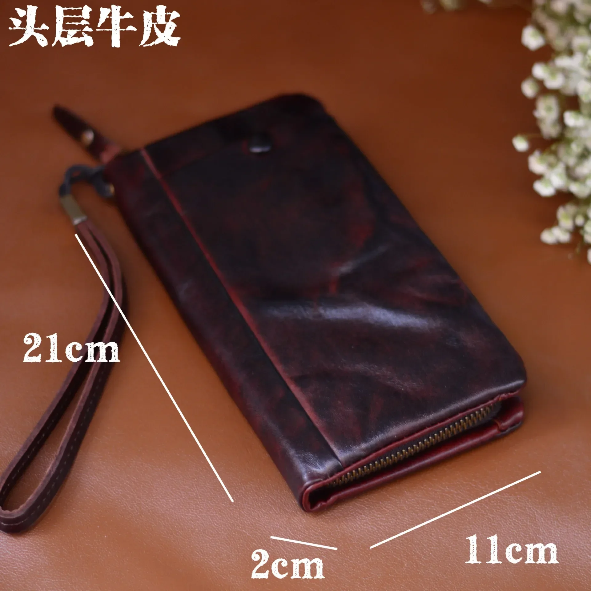 Long Zipper Multi-functional Vintage Card Cover with Cowhide Hand-rubbed Vegetable Tanned Leather Make Old Men's and Women's