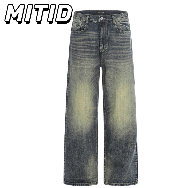 

Punk Style American Retro Denim Pants Men Washed Straight Baggy Pants Distressed Jeans Men Mid-waist Denim Trousers Men