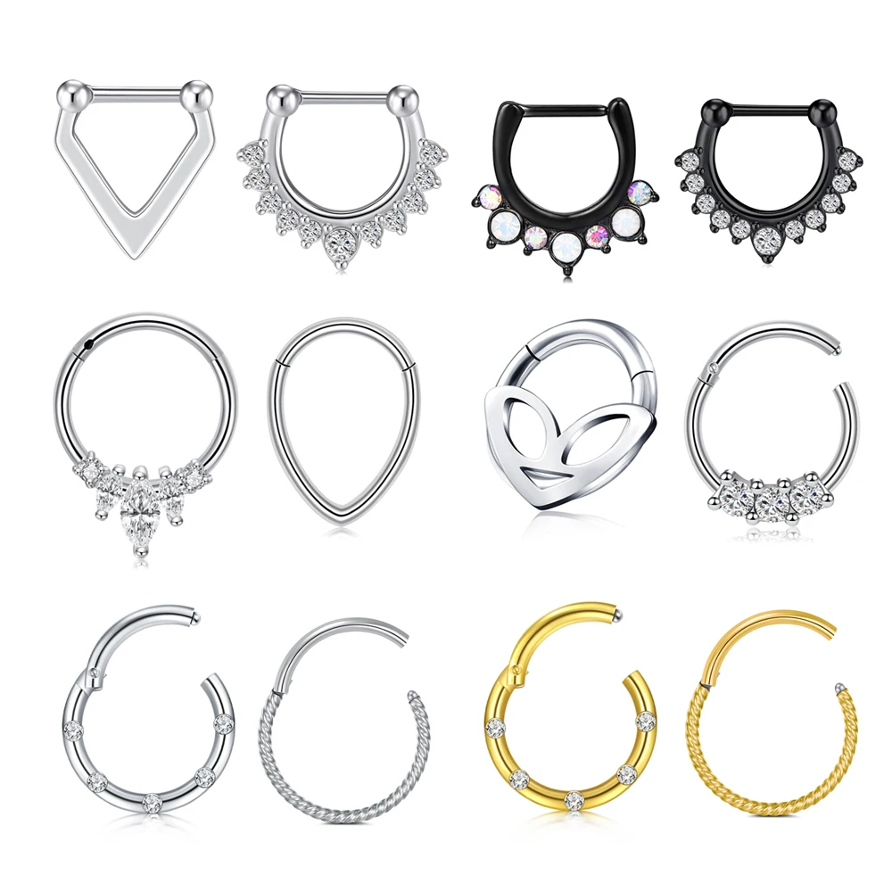 2Pcs 316L Stainless Steel Nose Hinged Septum Nose Rings Hoops for Women Men Septum Clicker Cartilage Tragus Helix Ear Piercing 1