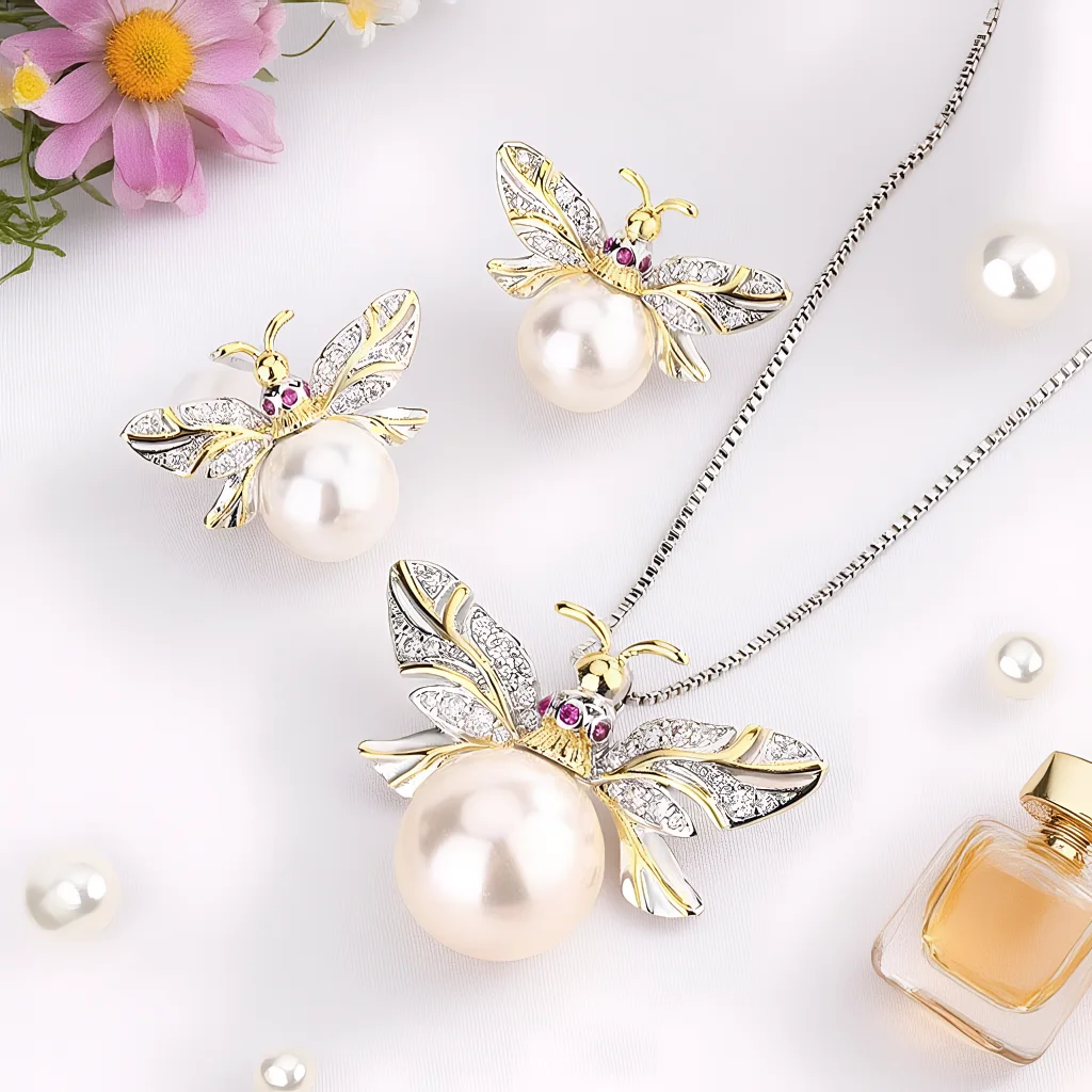 

3pcs Elegant Vintage Jewelry Set for Women White Pearl Little Bee Necklace Shiny Crystal Choker Bridal Wedding Earrings Party