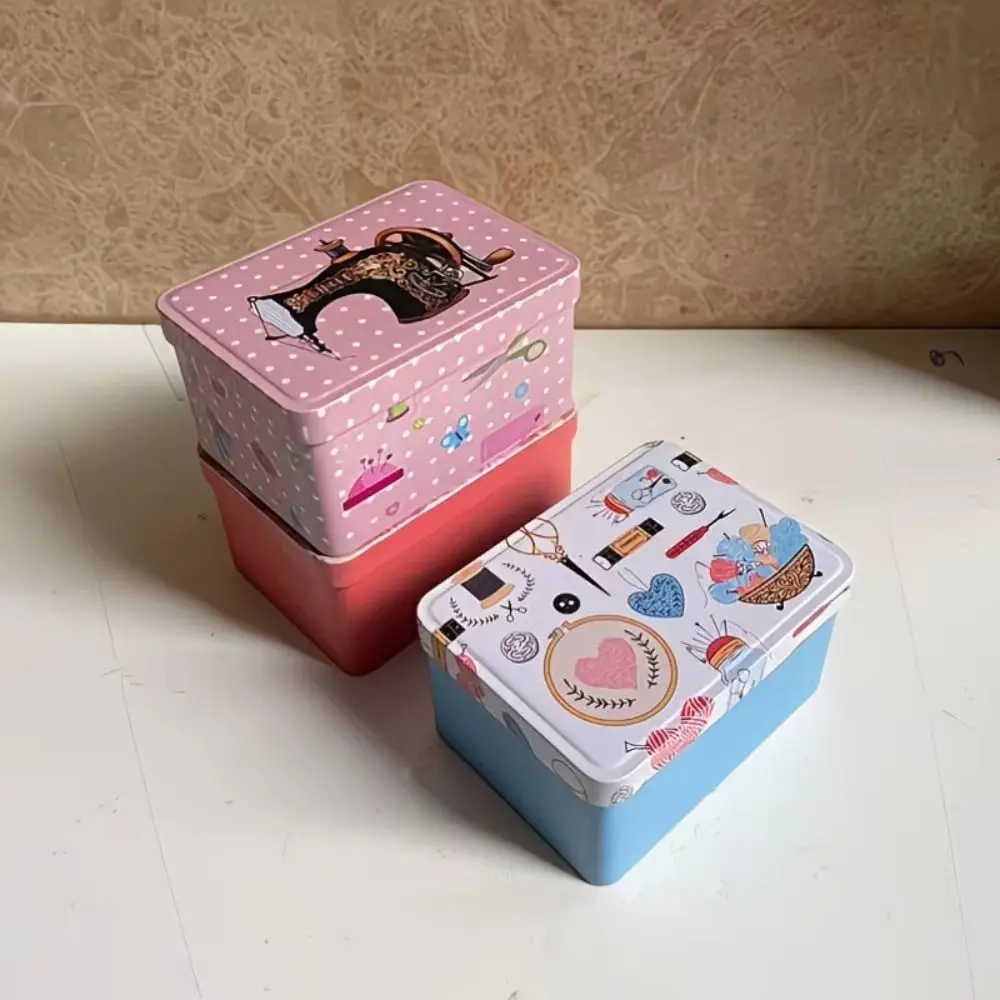 Rectangular Shape Sewing Storage Box Printed Pattern Smooth Metal Surface Thread Storage Box Portable Organizer