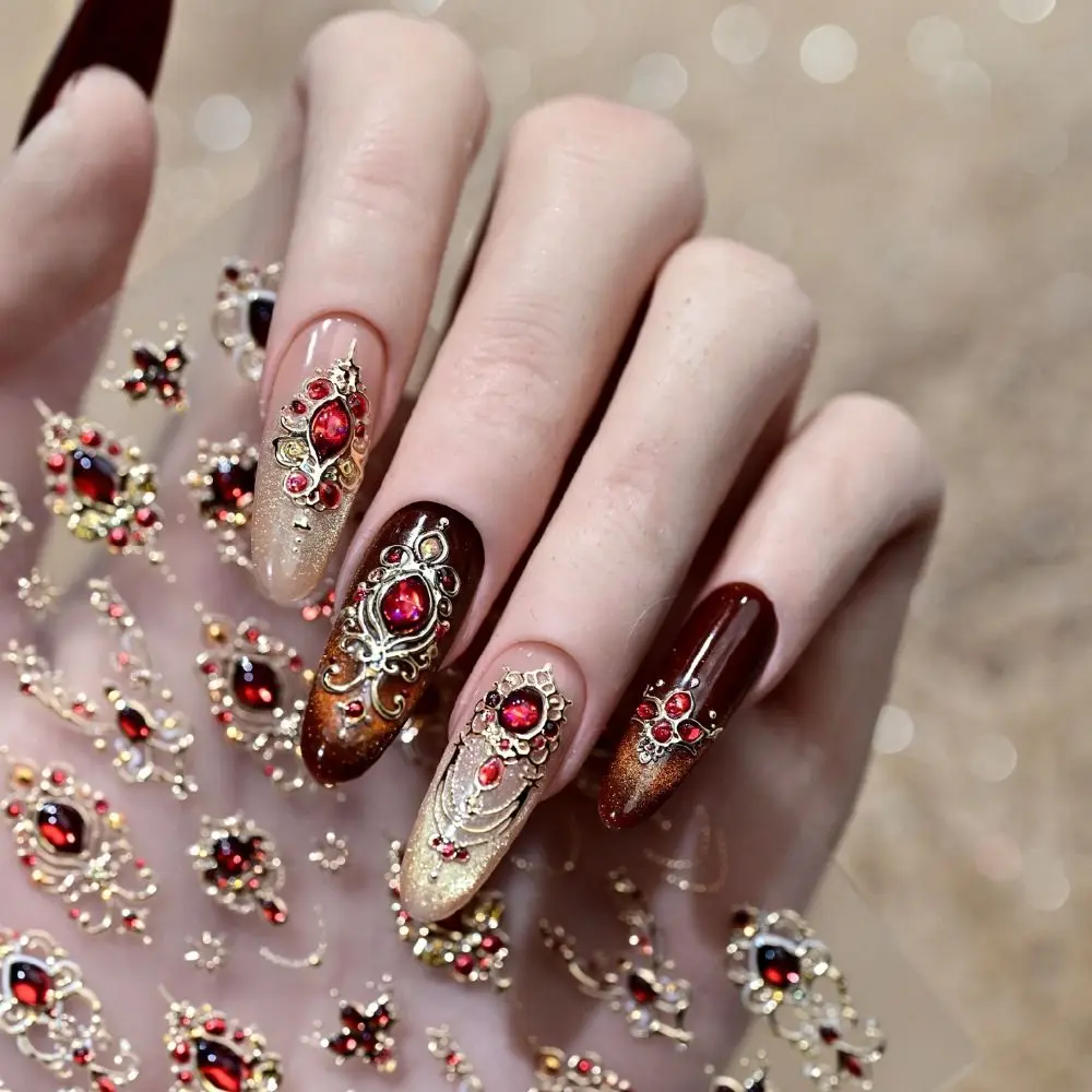 Luxurious Design 5D Nail Stickers Shiny Finish Emerald Ruby Color Imitation Gemstone Nail Gold Scepter Red Green Gemstone