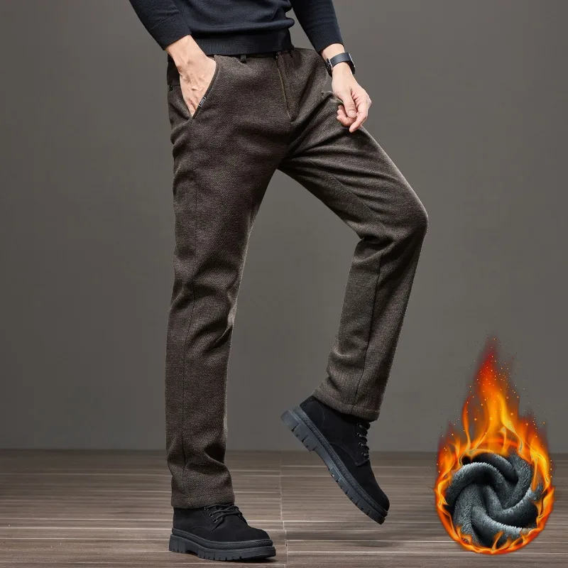 Pantalones informales de lana de chenilla para hombre, pantalones cómodos de marca de negocios de invierno, pantalones de felpa elásticos rectos de moda de terciopelo grueso