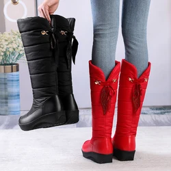 SGESVIER 2024 Plush Women Snow Boots Round Toe Black Down Waterproof Winter Fringe Ladies Mid-calf Platform Wedge Boots