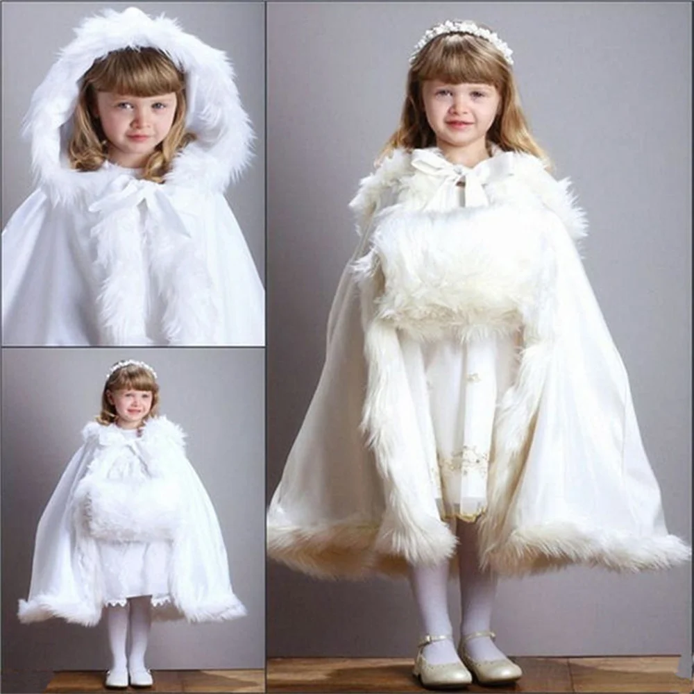 

Flower Girl Children Outerwear Hooded Long Ivory White Wedding Cloaks Faux Fur Jacket For Winter Kid