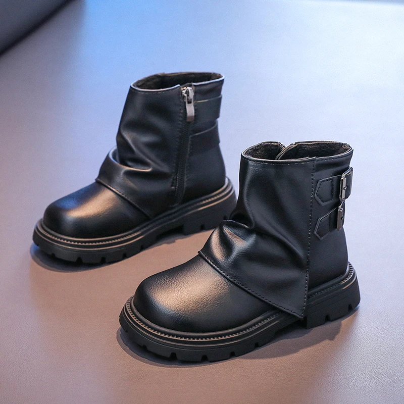 Classic Children Outdoor Leather Boots Retro Solid Color Girls Fashion Ankle Boots Black Brown Causal Kids Platform Short Boots