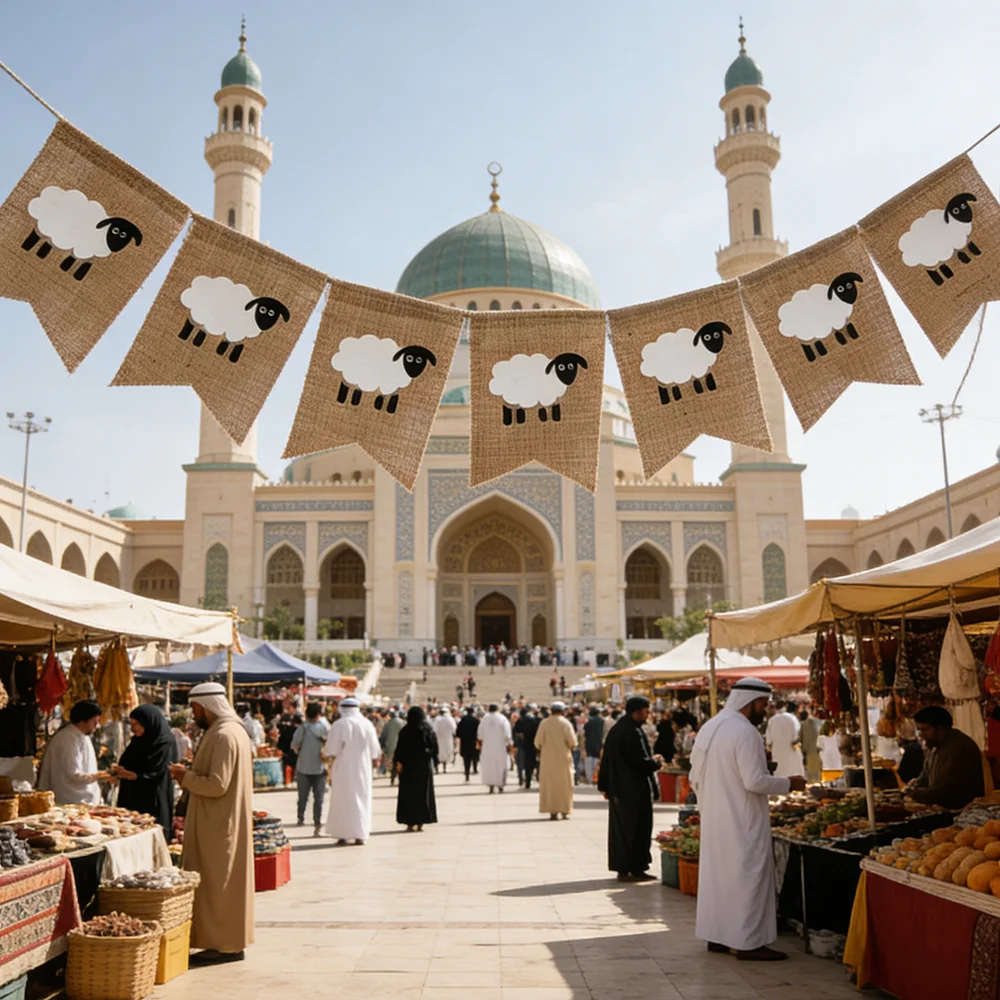 Schaf Eid al-Adha Jute-Banner Islamische Feiertags-Wanddekoration Party-Deko Fröhlicher Al Adha Muslimische Terrassen-Dekoration Hintergrund
