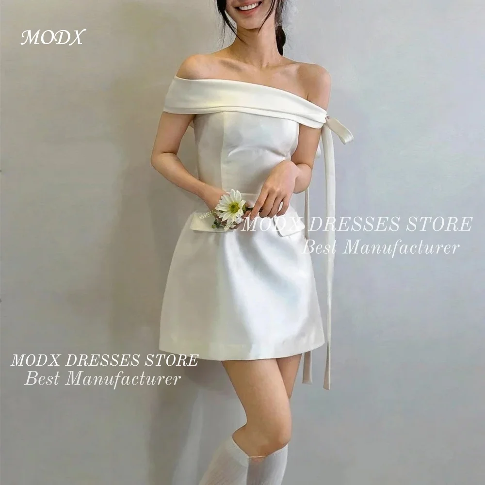 MODX Korean Mini Wedding Dresses Flap Pockets Off the Shoulder Satin Corset Wedding Snap Dresses Reception Dresses Party Gown