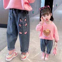 Baby Girls Jean Spring Autumn Elastic Waist Cartoon Rabbit Pocket Children Girls Denim Pants Versatile Cotton Kid Girls Trousers