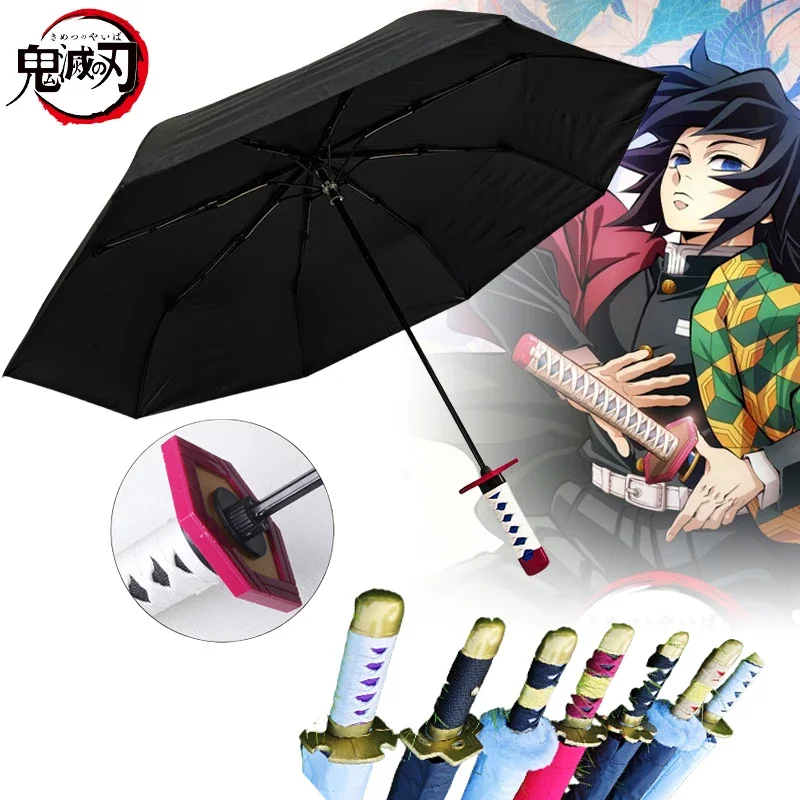 Anime Demon Slayer Katana Regenschirm UV-Schutz Schwarzer Sonnenschirm Tomioka Giyuu Japanisches Katana Schwert Samurai Säbel Regenschirm Regenmantel