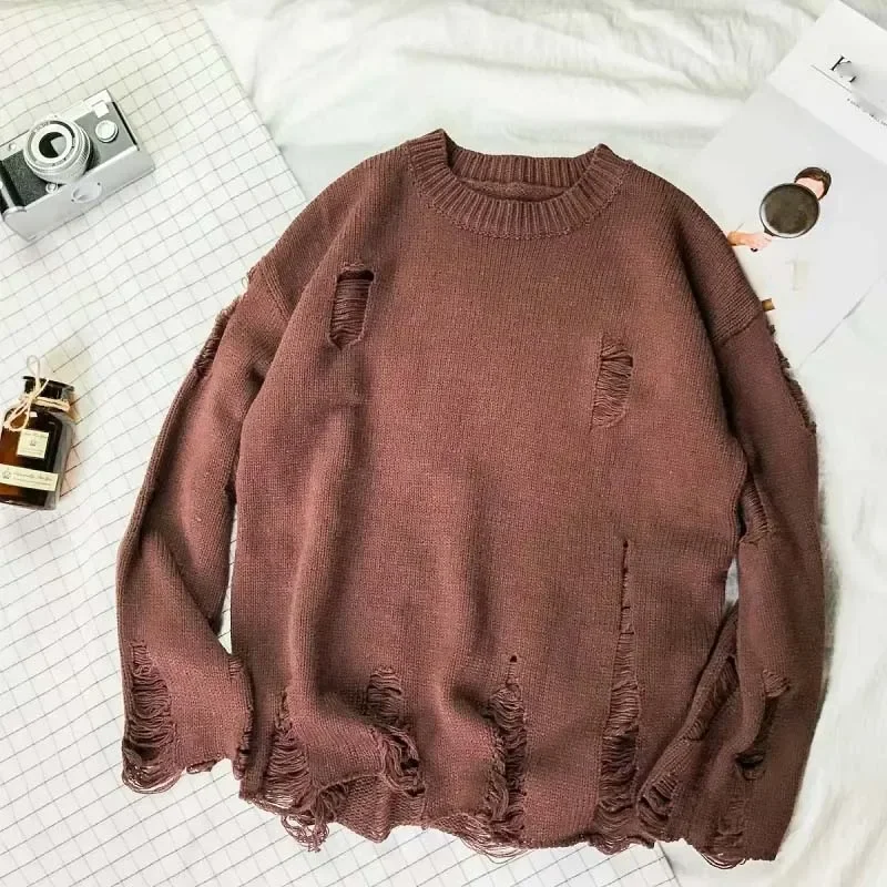 Ripped Loose Sweater Knitted Pullover Cutout Beggar Neck Long Sleeves Trend Korean Style Can Be Worn By Men and Women Punk F38