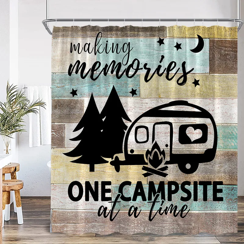 Vintage Camping Shower Curtains Abstract Mountain Camper Forest Scenery Polyester Fabric Home Bathroom Curtain Decor with Hooks