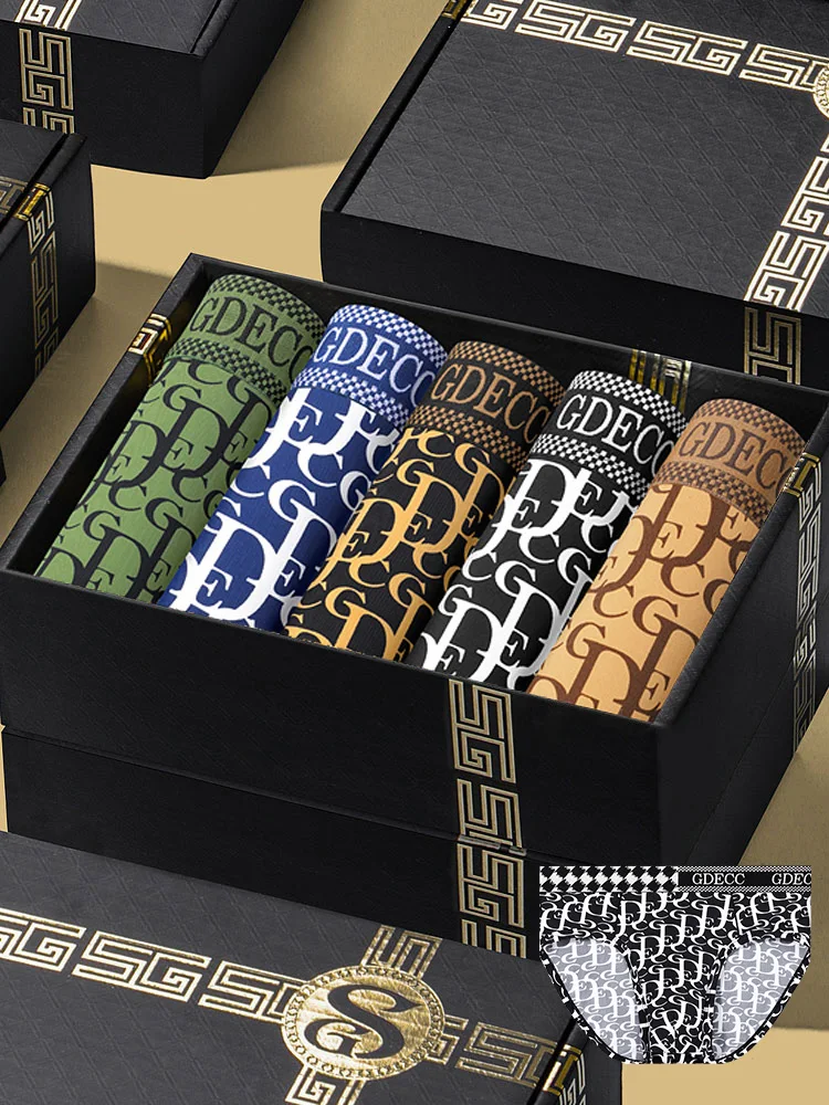 

5PCS summer ice silk comfy breathable classic full-print design logo multi-color men's briefs with gift box