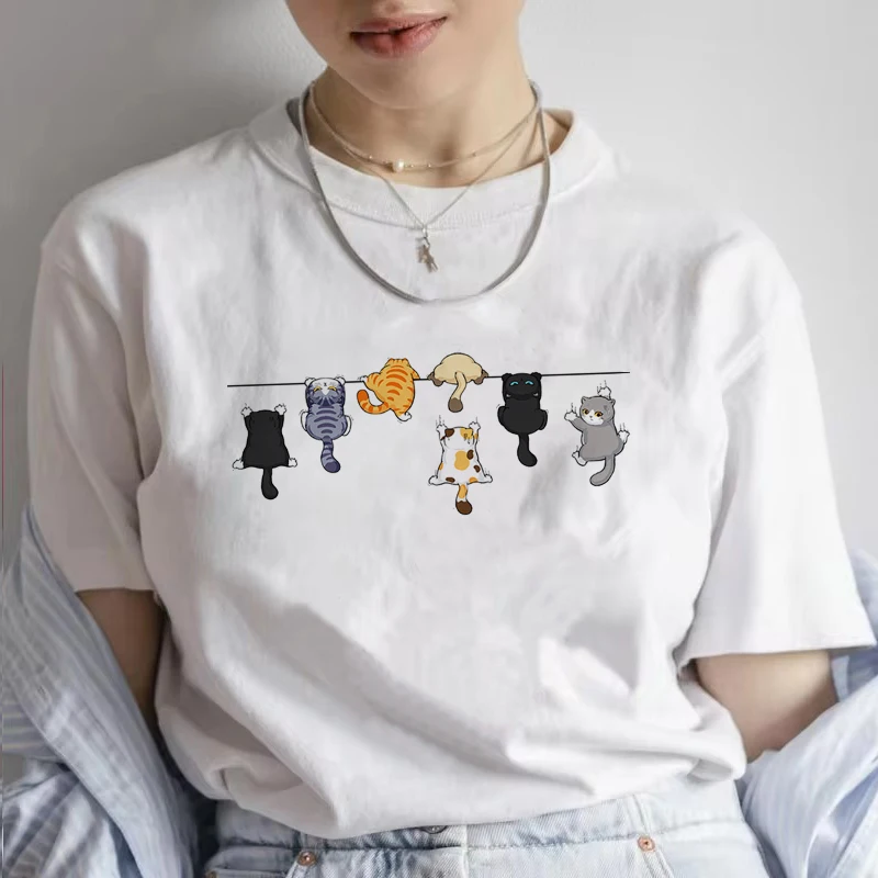Funny Women Summer Cat Print T-shirt Girl Casual Short Sleeve O Neck Top for Summer Female Y2k 90s Clothing T Shirt view 3