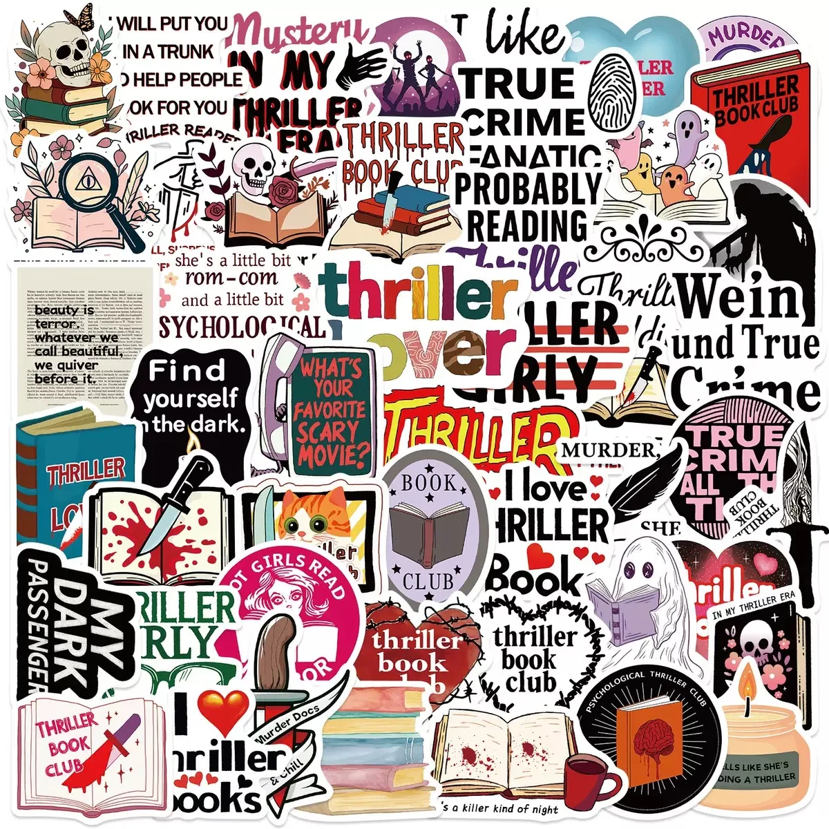 

10/50pcs Dark Thriller Book Bookish Stickers Horror Decals Suitcase Skateboard Laptop Luggage Fridge Phone Car Styling Sticker