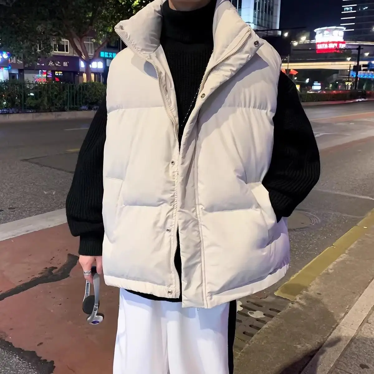 

Thiened Winter Cotton Vest ex Warmth Retro Korean Sle Loose Couple Cotton Coat Stand Fit Long Sve Zipper Closure