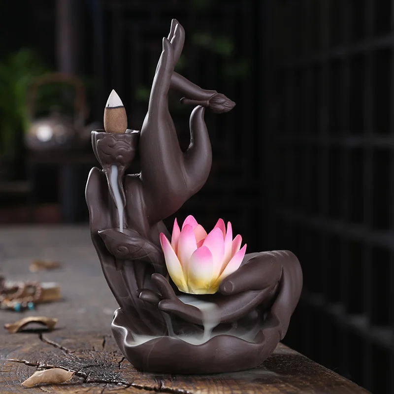 

Ceramic Handicrafts Buddha Hand Waterfall Backflow Incense Purple Clay Censer Stick Holder Home Ornaments