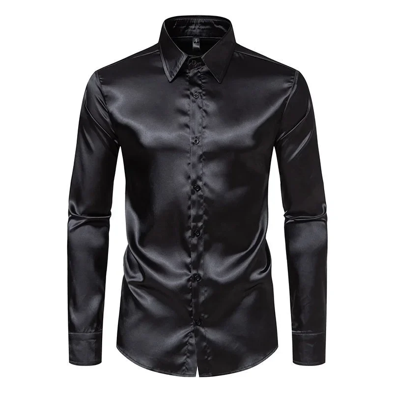 Camicia alla moda in raso da uomo primaverile e autunnale Camicia casual comoda con colletto a maniche lunghe alla moda in tinta unita con viso luminoso