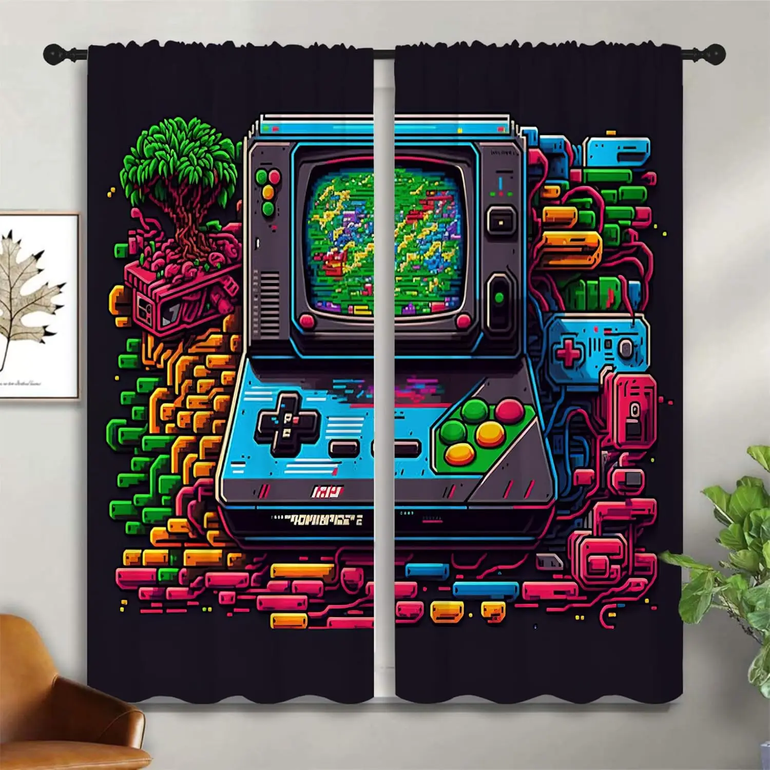 Retro Arcade Controller Joystick Rod Pocket Blackout Curtains Boy Girl Bedroom, Video Game Gaming Gamer Gamepad Light Filtering