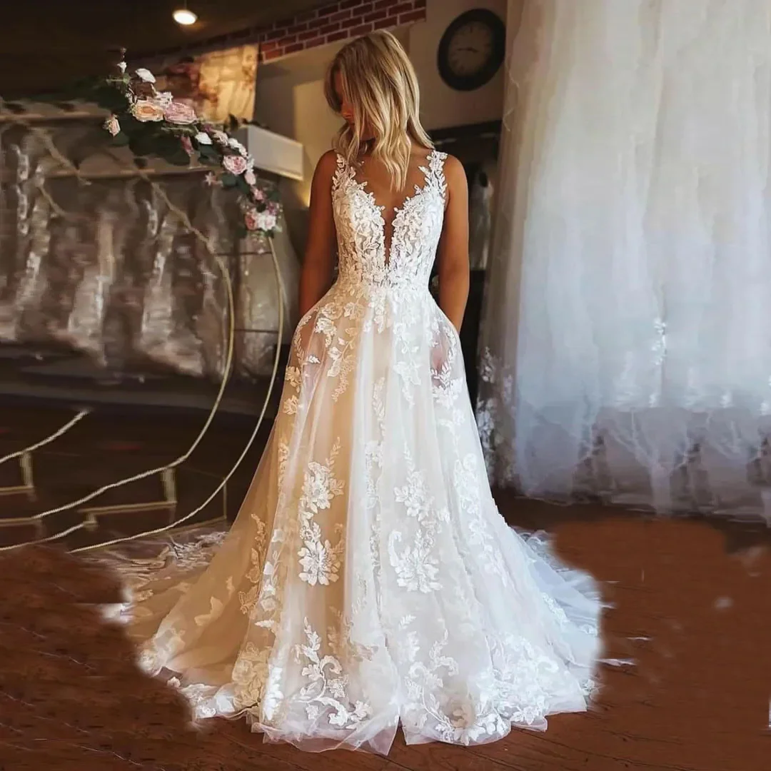 

Flavinke Boho Ivory Lace Wedding Dresses 2024 A Line V Neck Backless Sweep Train Bridal Gowns Plus Size vestidos de novia