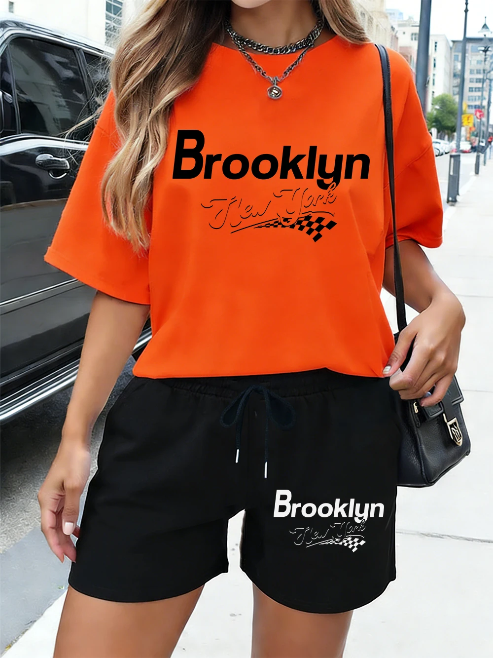 

Brooklyn New York Letter Printing Cotton T-Shirts Pants Womens Summer Two Pieces Set Tops Shorts Basic Pocket Oversized Clothes