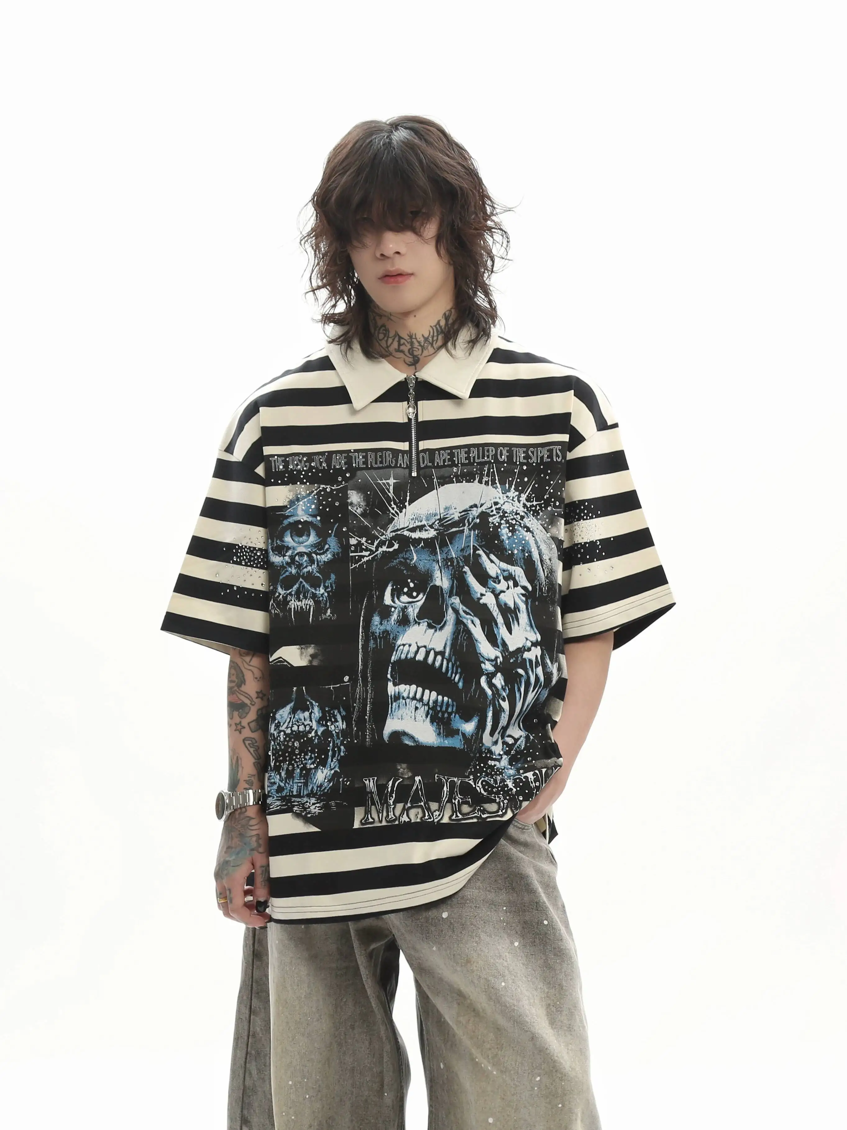 New Men T-shirt Heavyweight Dirty Washed Dark Short Sleeve Shirts High Street Skull Print American