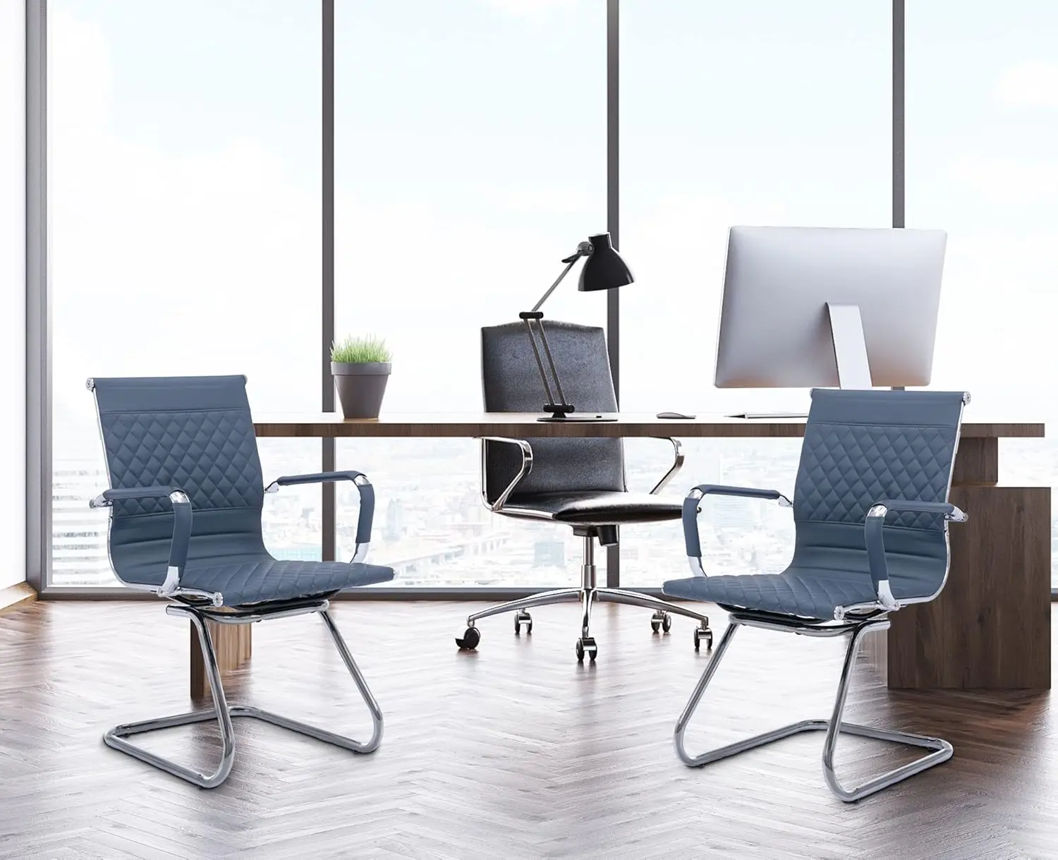 Vescasa Office Guest Chairs With Rhombic Grid Design Back, Faux Leather Reception Chairs With Arms For