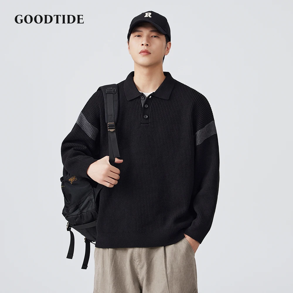 Fashion Men's Casual Polo Collar Sweater Winter Waffle Knit Pullover Comfortable Soft Long Sleeve Jumper Contrast Stripes Top