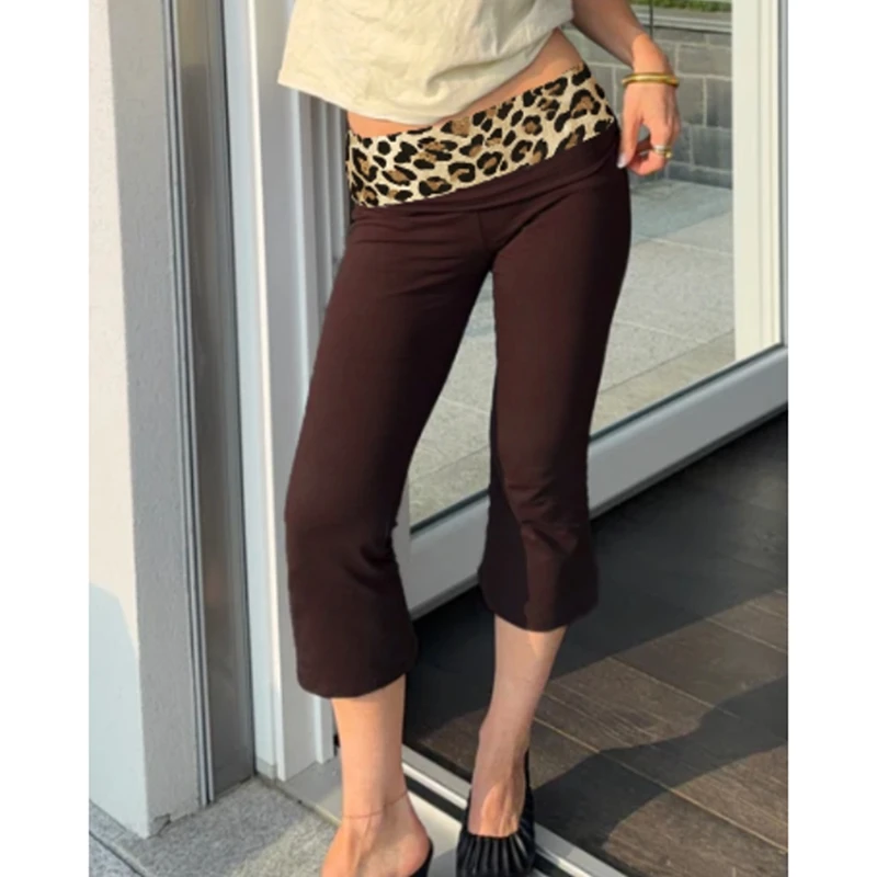 Women's Summer Cropped Leggings Leopard Print Fold Over Waistband Patchwork Elastic Mid Rise Y2k Flare Capri Trousers