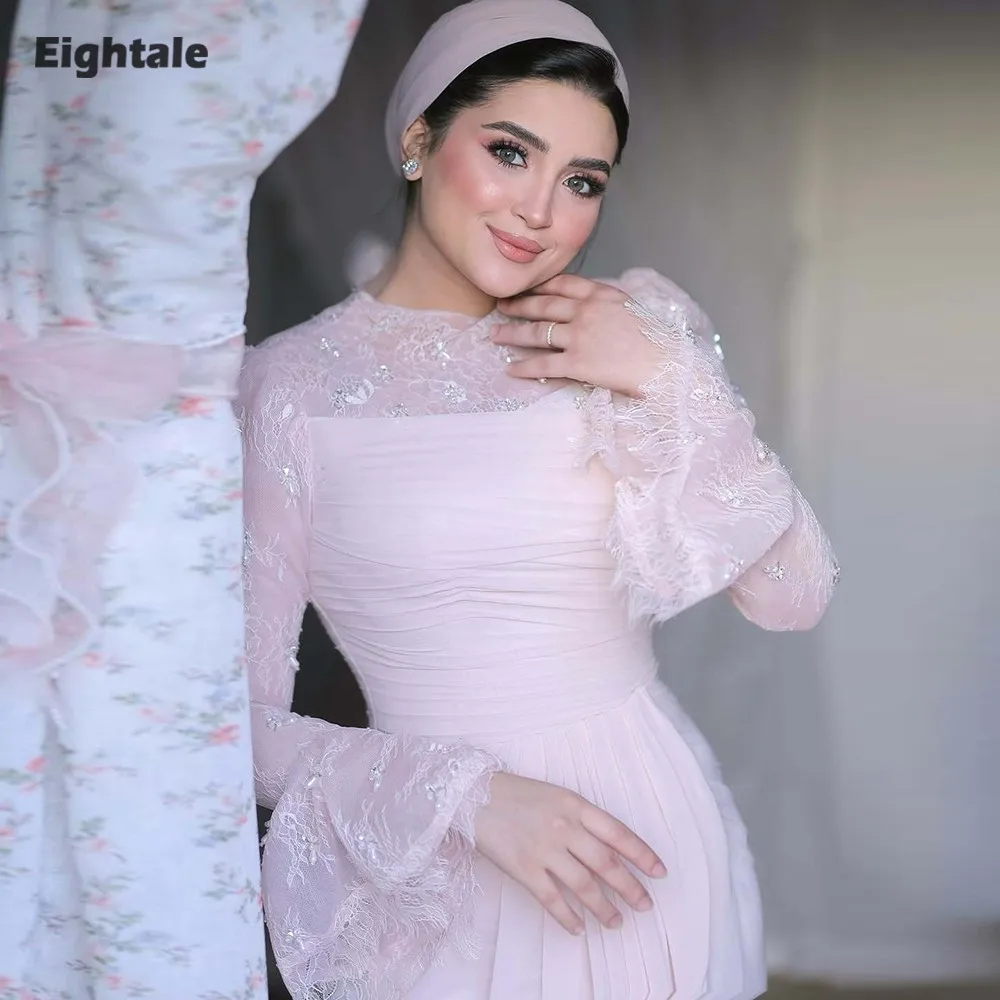 

Eightale Arabic Evening Dress O-Neck Customized Muslim Chiffon Long Sleeves Lace Pleats Mermaid Pink Prom Wedding Party Gown