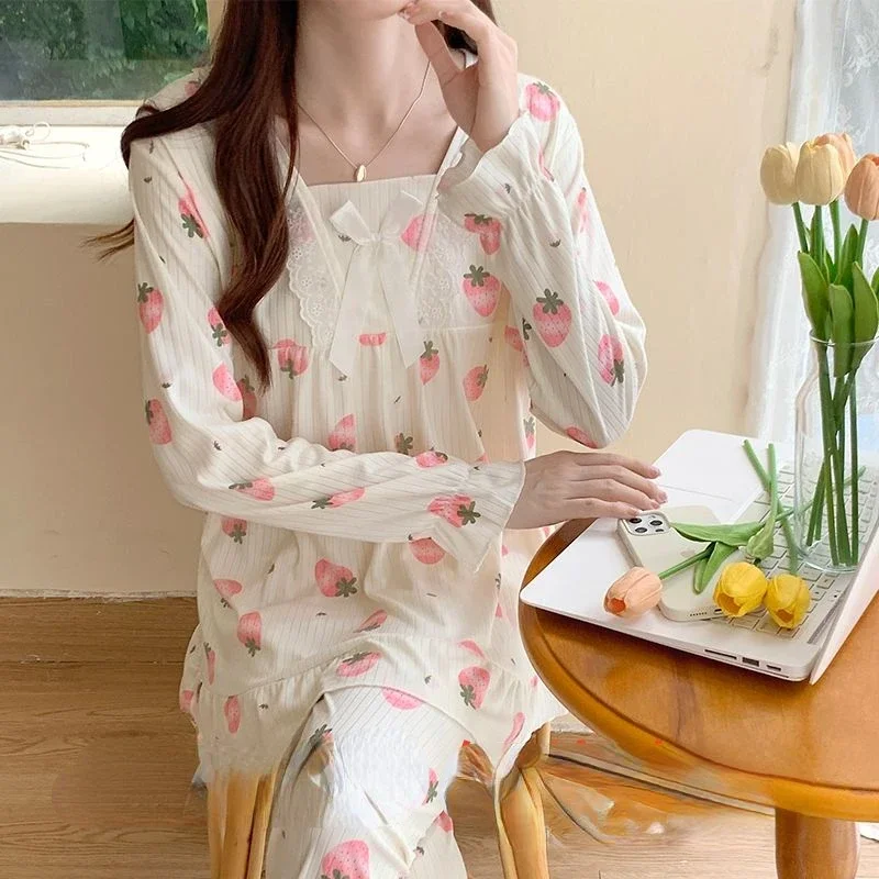 

Print Long Sleeves Pajama Sets Women Kawaii Clothing Sleepwear Spring Autumn Pants Loose Homewear Korean Fashion Nightwear