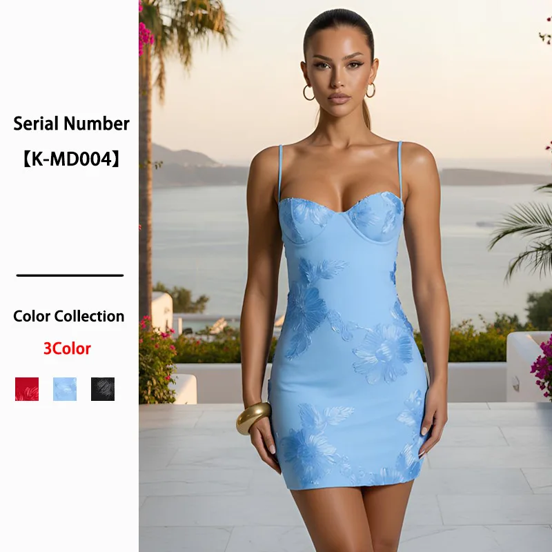 

Floral Embroidery Cami Dress Women Spring Summer Red Dresses 3D Applique Evening Banquet Party Outfit Clothes