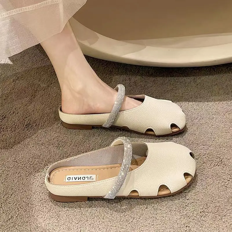

Ultra Soft Genuine Leather Breathable Slip-On Women's Sandals Hollow out Slipper Flat Heel Glittery Sandals Spring Season