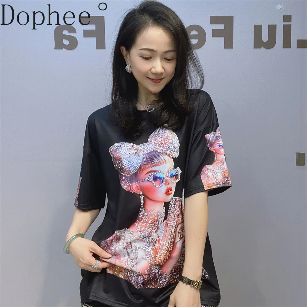 2025 New Summer Loose Women Short Sleeve T-shirt Cartoon Diamond O-neck Pullover Top All-match Mid-long Hot Drilling Casual Tees