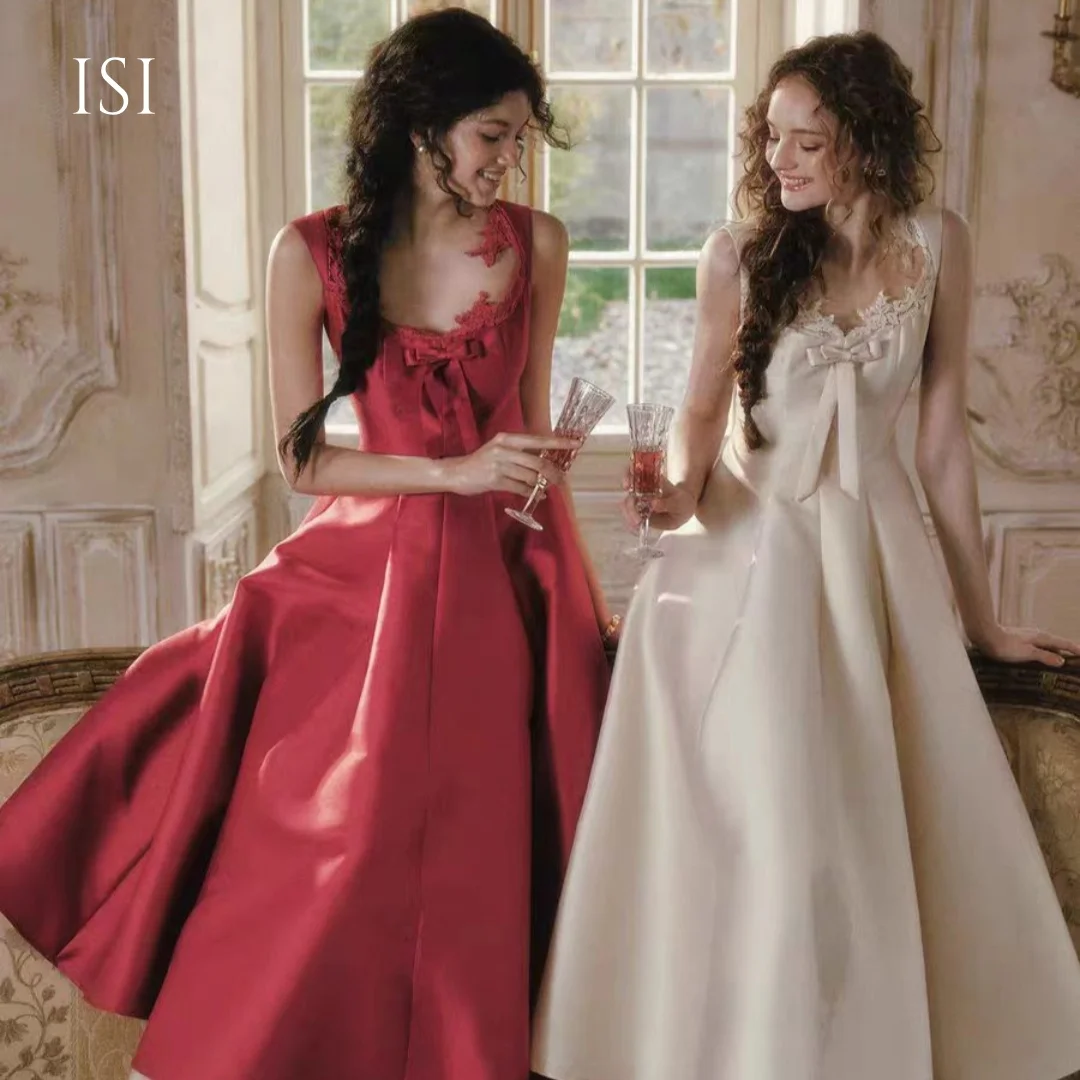 Vestido de Noche Vintage Personalizado ISI, con Lazo, Floral, Escote Corazón, Largo hasta el Tobillo, Corte en A, Color Rojo Oscuro, para Bodas y Fiestas ﻿