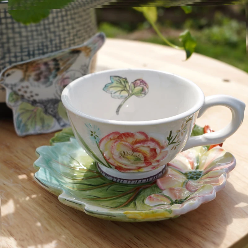 Exquisite British Afternoon Tea Hand Drawn Ceramic Coffee Cups Flower And Bird Relief Dessert Disc Versatile Scene Tea Bag Plate