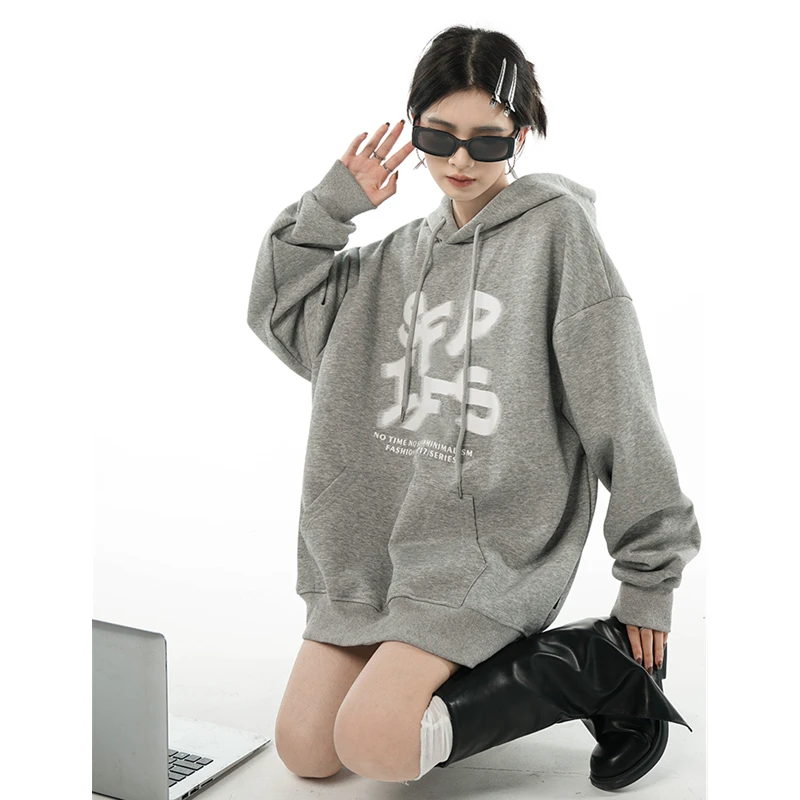 

Women Grey Sweatshirt Hooded Letter Printing Fashion Hip Hop Leisure Thickening Warm Winter New Long Sleeves Pullover Tops