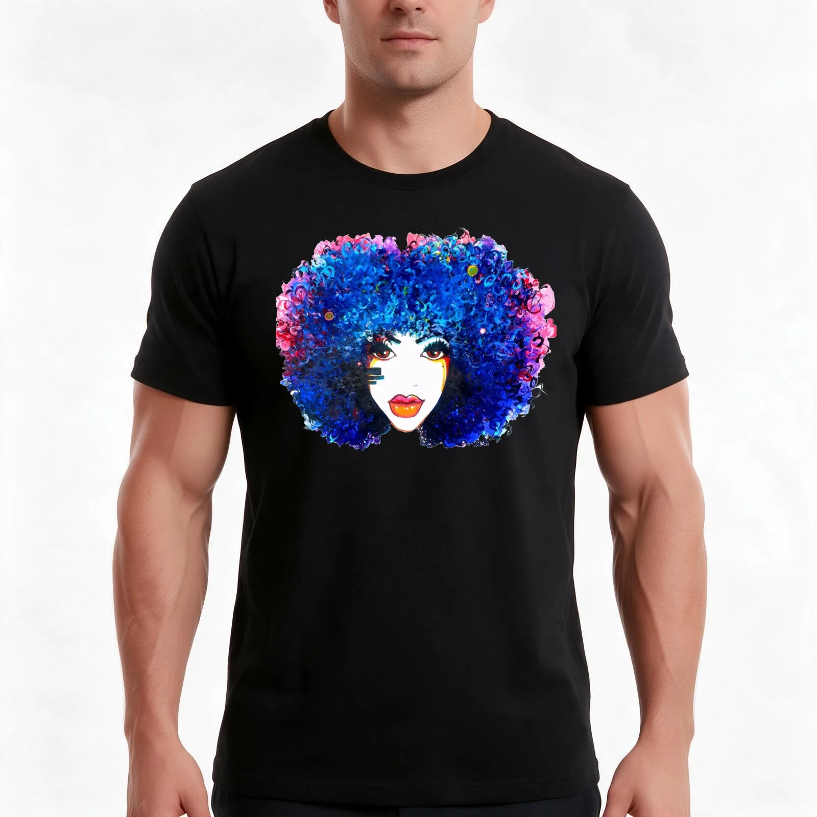 Blue Afro Curly Hair Girl Brown Eyes Natural Hair Queen T-Shirt Summer Casual Cotton Tee Oversized Streetwear Tops