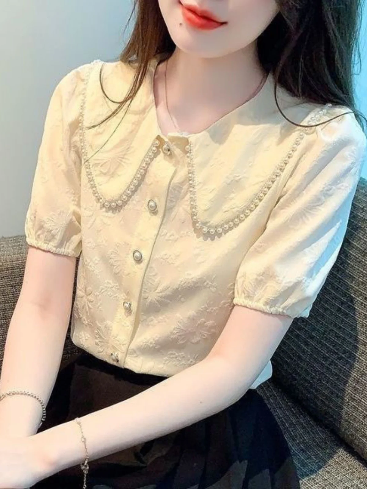 

Summer New Sle Sweet Little Fraance Wind Doll Collar Simple ort Sve Women's Loose Slimming Pure Color Top Trendy