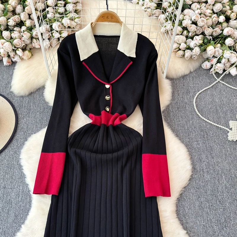 Autumn Winter French Vintage Sweater Dress Contrast Collared Knitted Dress Women Long Sleeve Slim Fit Long  Work Office Dress