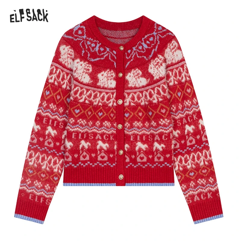 ELFSACK 2024 Winter New Arrivals Fair Isle Red Rabbit Knit Cardigan Women