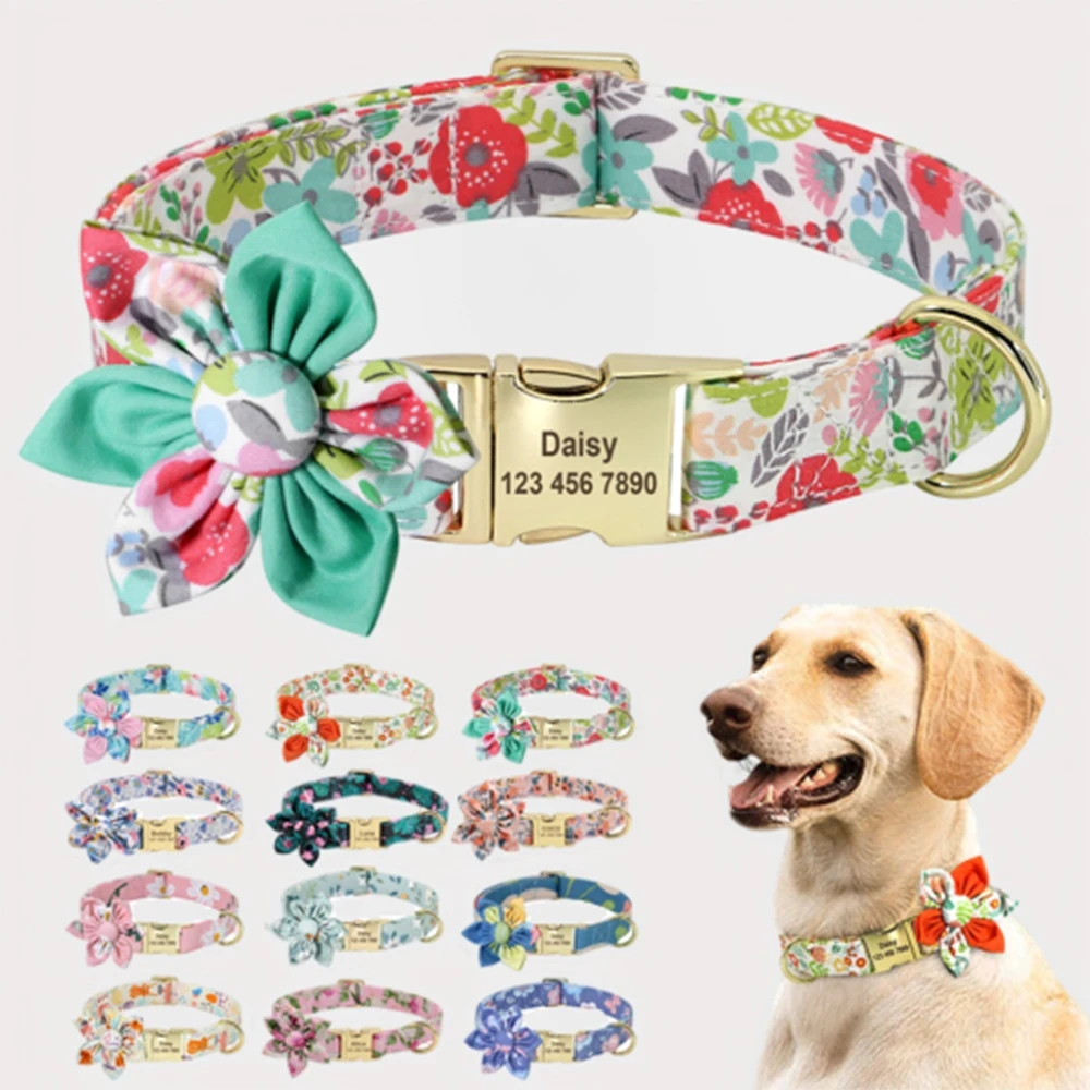 Persoalized Dog Collar Flower Printed Nylon Dog ID Collars Free Engraved Nameplate For Small Medium Large Dogs Chihuahua Pug