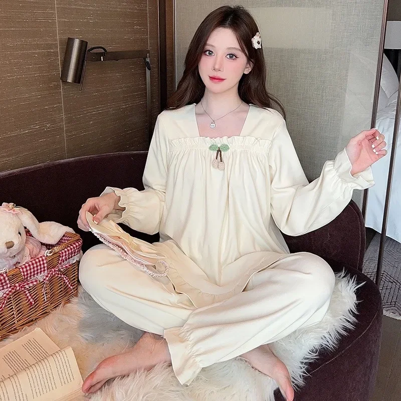 5XL Plus ขนาด Velour ชุดนอนผู้หญิงฤดูหนาวกํามะหยี่แขนยาวสวมใส่เจ้าหญิงหวานชุดนอน Ruffle แขนยาวกางเกงชุด