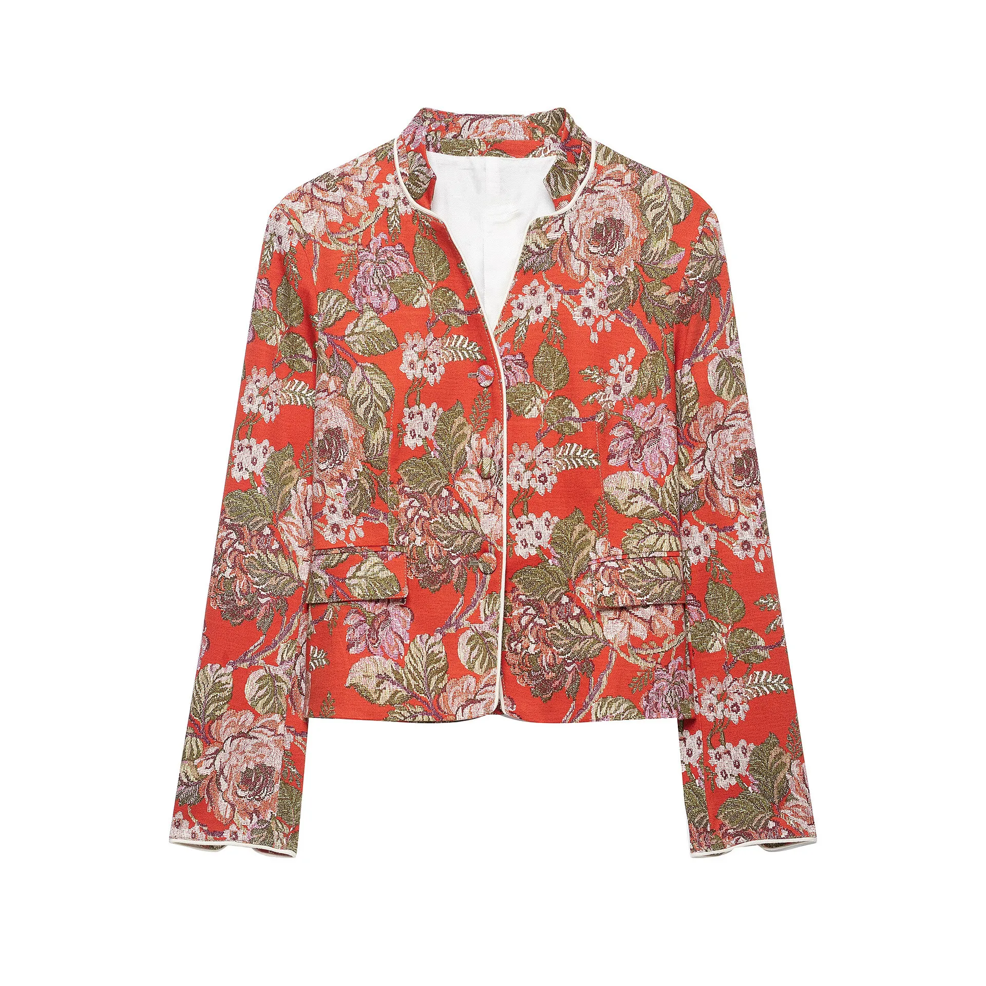Autumn Retro Women Red Floral Print Stand Collar Cropped Blazer Single-breasted Buttons Long Sleeve Short Suits Outerwear