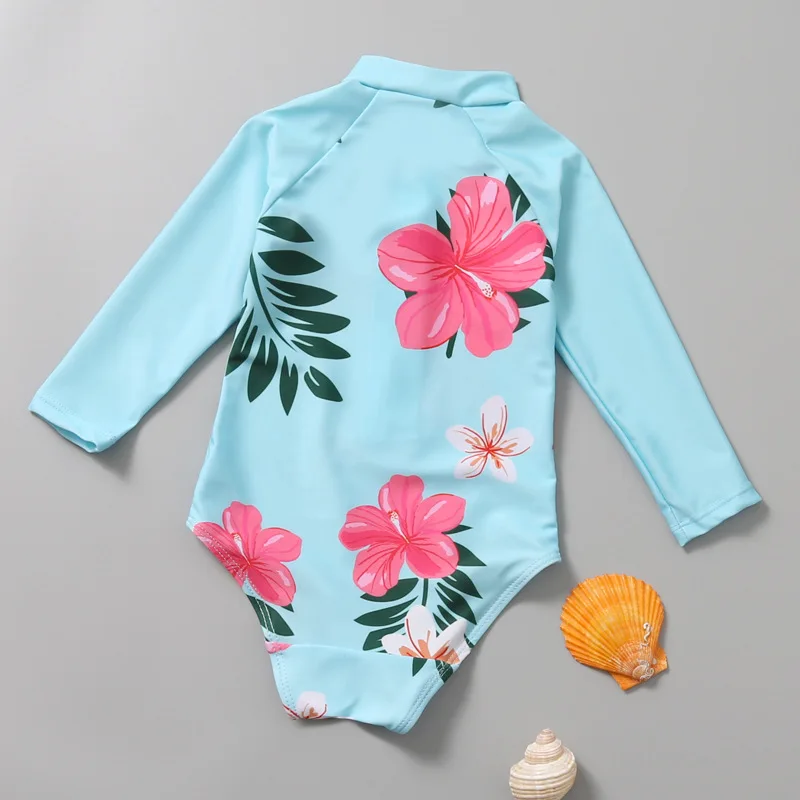 HappyFlute One Piece  Flowers Prints Long Sleeve Zipper Design Sunscreen &Breathable Girls Swimsuit